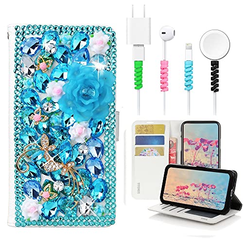 STENES Bling Wallet Phone Case Compatible with iPhone 11 - Stylish - 3D Handmade Dance Butterfly Rose Flowers Leather Cover with Cable Protector [4 Pack] - Light Blue