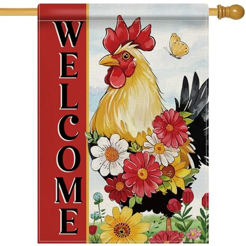 Dyrenson Welcome Spring Summer Rooster 28 x 40 House Flag Double Sided, Farm Animal Daisy Flower Red Garden Yard Decoration, Farmhouse Butterfly Burlap Outdoor Decor Decorative Large Flag