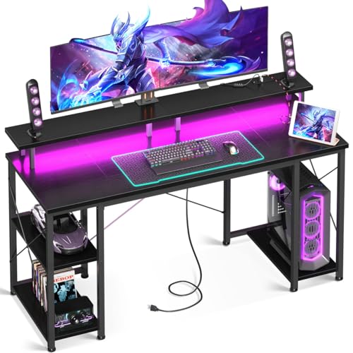 ODK 55 inch Gaming Desk with LED Lights & Power Outlets, Computer Desk with Monitor Stand & Storage Shelves, CPU Stand, Home Office Desk, Black
