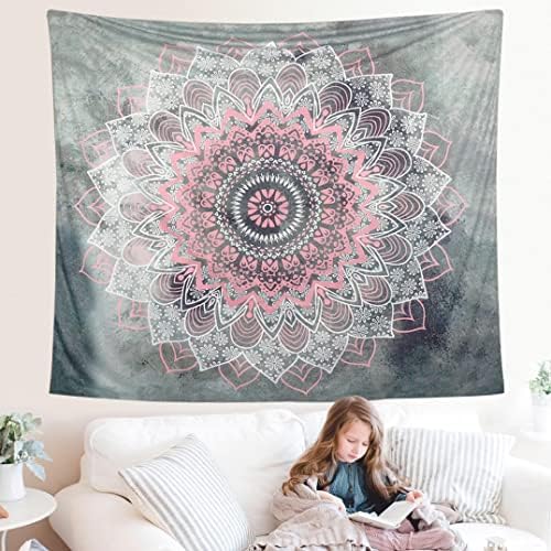 Dremisland Mandala Wall Tapestry Grey and Pink Flower Tapestry Mandala Wall Hanging Indian Bohemian Hippie Tapestries Ombre Throw Wall Decor for Bedroom Living Room (L/203x153cm(80x60inch))