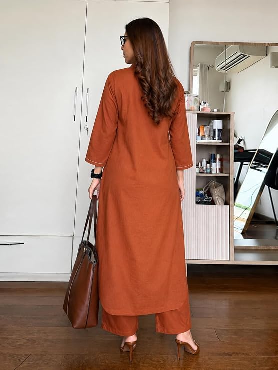 Image of ANNI Designer Cotton Blend Solid Straight Kurta with Palazzo for Women | Cotton Blend Rust | 3 /4 Sleeve | Shirt Collar | Ethnic Wear Casual Wear