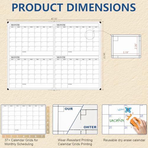 Image of XBoard Magnetic Calendar Whiteboard 48x36 inch, 4 Month Dry Erase Board Planner with Silver Aluminium Frame, Foldable White Board Calendar for Home School Office Organization