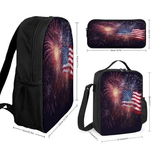 Printed Backpack With Lunch Pack Storage Box Case Firework American Flag 4Th of July 3pcs Lightweight Travel Backpack2