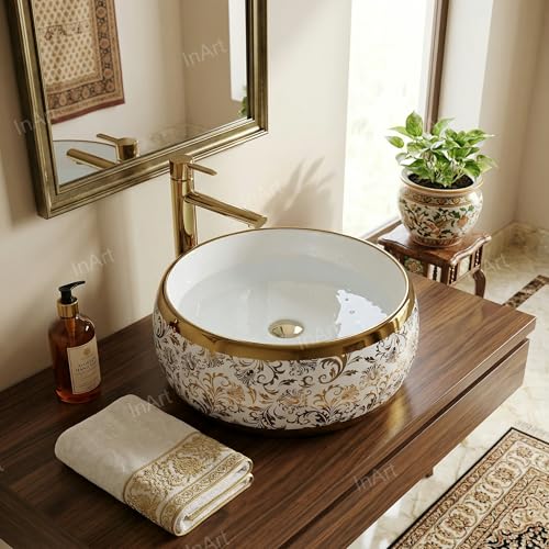Image of InArt Designer Ceramic Wash Basin /Vessel Sink /Over or Above Counter Top Wash Basin for Bathroom Round Shape Golden White 16 x 16 x 6 Inch