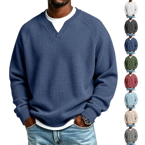 Waffle Knit Long Sleeve Men Shirts Textured V Neck Plus Size Thermal