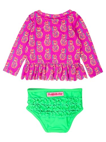 Image of RuffleButts Baby /Toddler Girls Scalloped Long Sleeve Rash Guard 2-Piece UPF50+ Sun Protected Swimsuit
