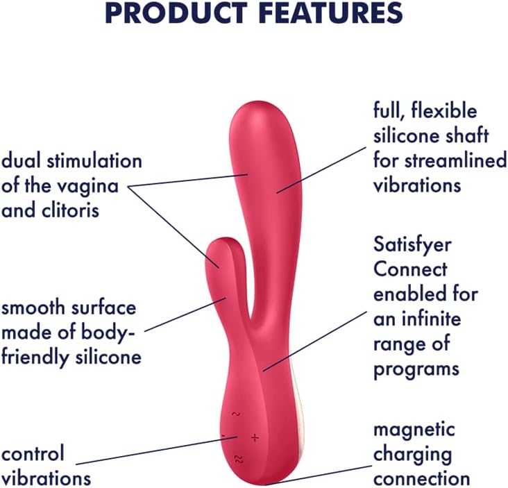 Diagram illustrating the product features of the Satisfyer Mono Flex, including flexible silicone shaft, dual stimulation, smooth surface, magnetic charging, and app connectivity.