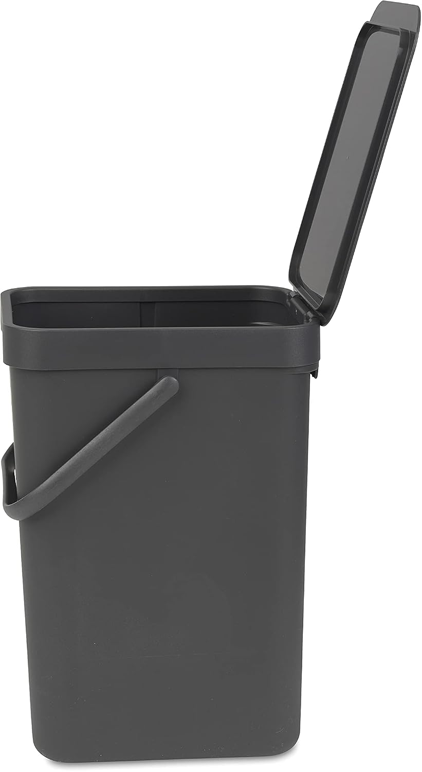 Brabantia Sort & Go Kitchen Recycling Can (3.2 Gal / Gray) Stackable Waste Organiser with Handle & Removable Lid, Wall/Cupboard Mounting