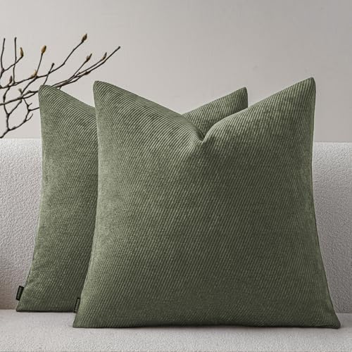 Image of a moment Pack of 2 Decorative Chenille Throw Pillow Covers with Twill Cushion Covers for Sofa Living Room Couch Bed 24x24 Inch Olive Green