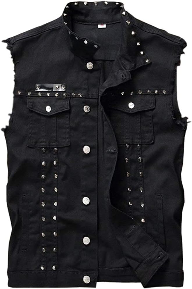 Lazutom Men's Punk Denim Vest Sleeveless Lapel Jean Jackets Waistcoat with Rivets4