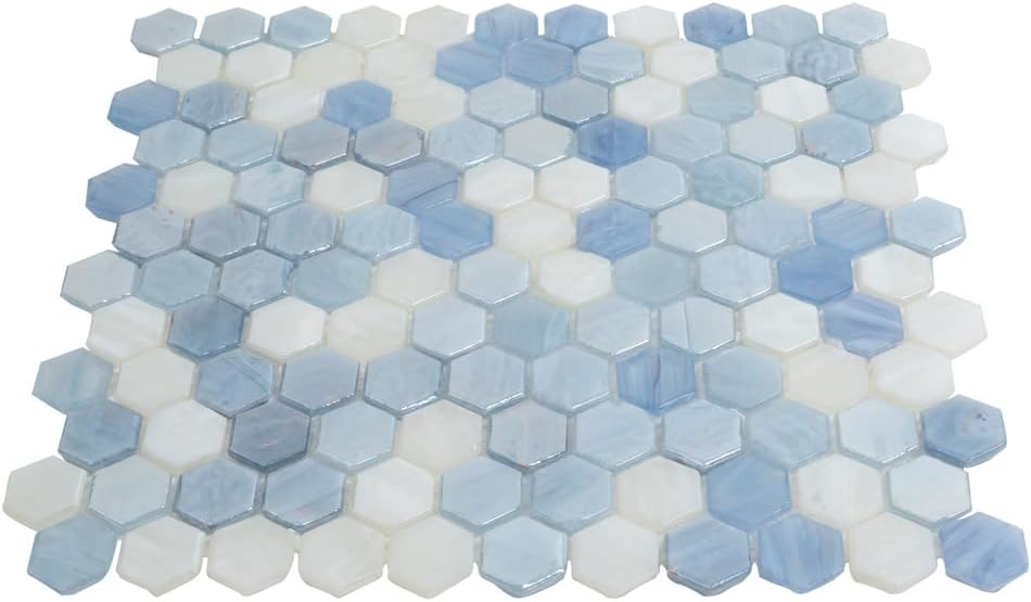 Apollo Tile 10.8 x 11.5 in. Hex Mosaic Glossy Glass Light Blue Tile 10-Pack APLAHX8805A, Elegant Kitchen Backsplash, Durable Wall Finishing Flooring for Bathrooms, Showers, Garages