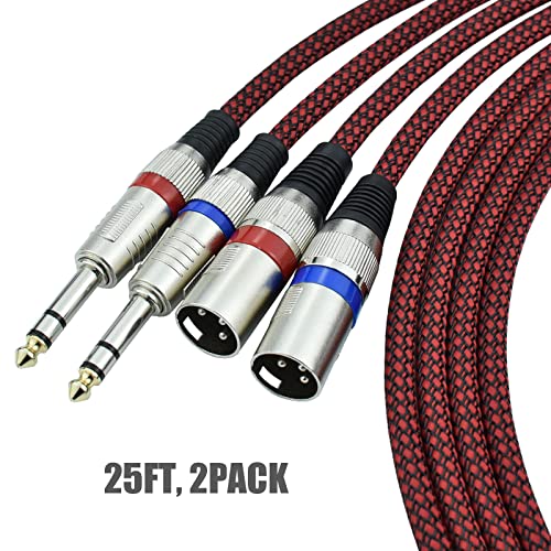 Mugteeve 1/4" Trs To Xlr Male Cable Balanced - 25Ft Quarter Inch Stereo To Xlr Microphone Cord Adapter, Nylon Braided, Ofc Shielded, Red Color, For Mixer, Monitor Speaker, Audio Interface, 2Pack #TOP1
