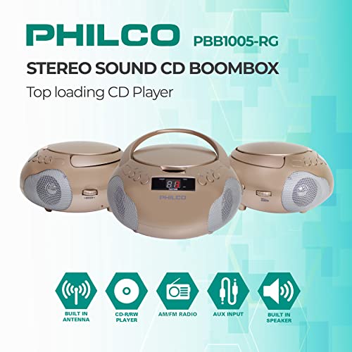 Philco Portable Cd Player Boombox With Speakers And Am Fm Radio | Rose Gold Boom Box Cd Player Compatible With Cd-R/Cd-Rw And Audio Cd | 3.5Mm Aux Input | Stereo Sound | Led Display #TOP1