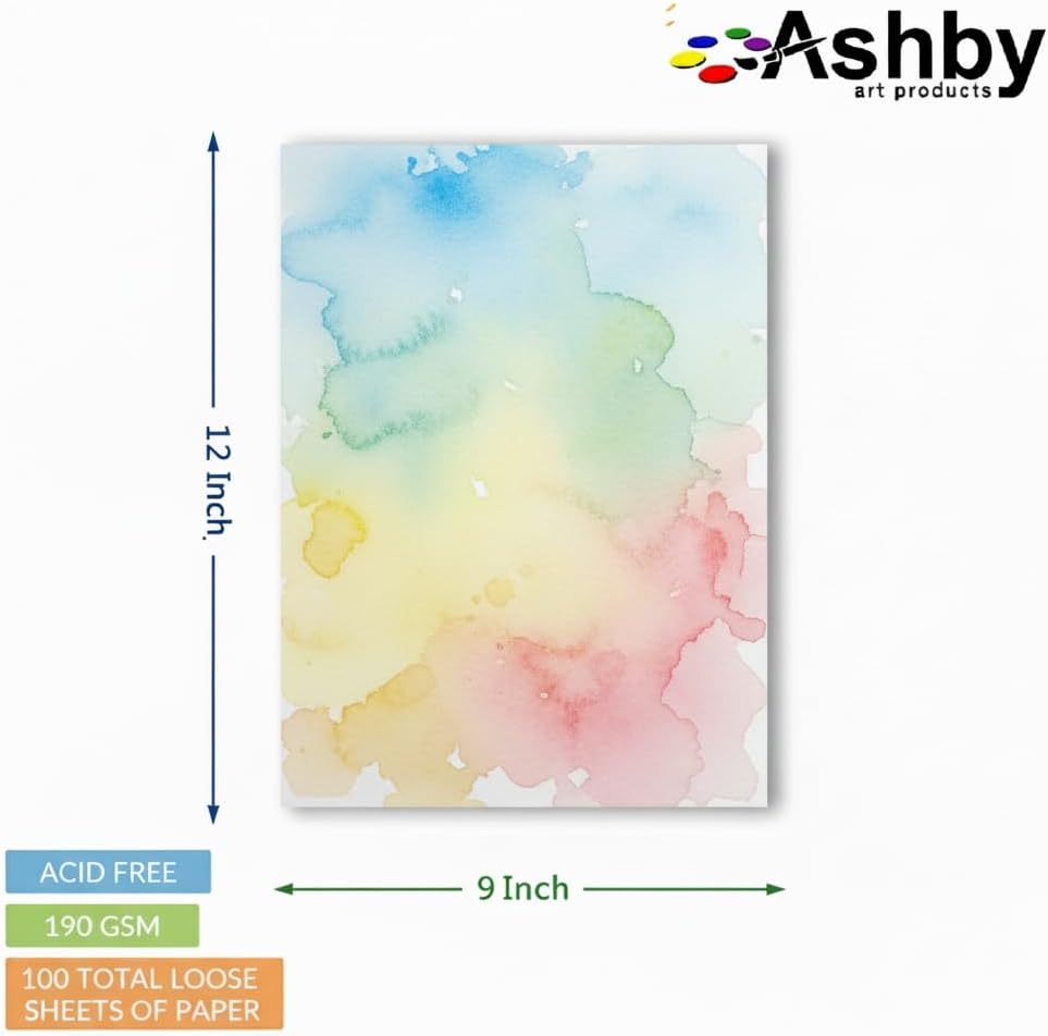 100 Sheets of Practice Watercolor Paper (9" x 12") - 190 GSM, Acid-Free and Cold Pressed.. Perfect for Painting, Sketching or Drawing. Wet, Dry and Mixed Media. Bulk Pack