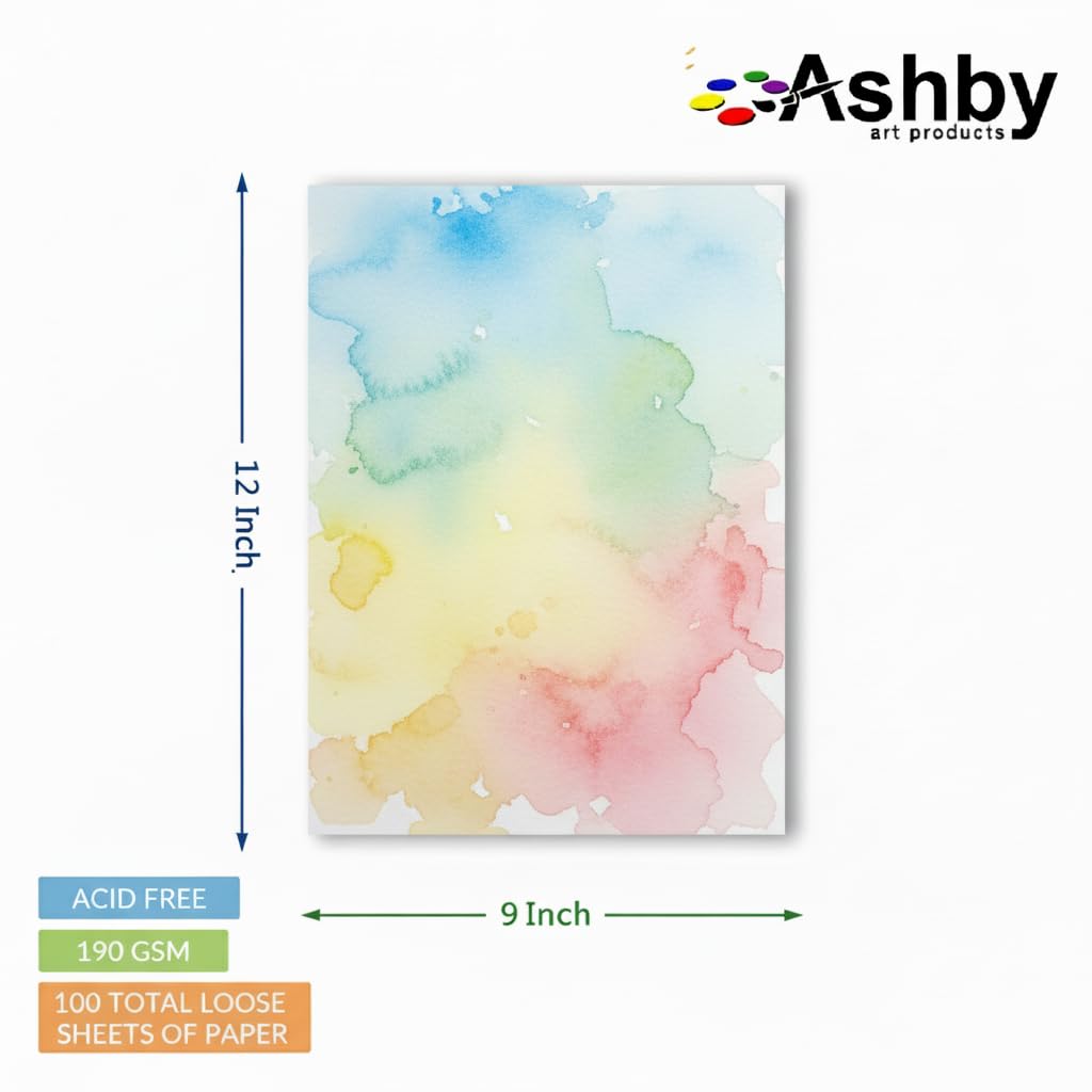 Ashby 100 arkuszy papieru akwarelowego (23 cm x 30 cm) – ciężki materiał (190 g/m²), 100% bawełna, bezkwasowy i tłoczony na zimno, idealny do malowania lub rysowania, na mokro, suche i mieszane