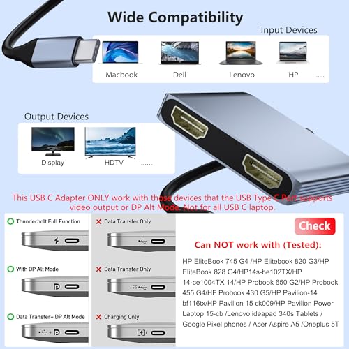 Image of USB C to Dual HDMI Adapter, Docking Station Dual Monitor, Type C to HDMI Splitter for 2 Monitors, Supports 4K@60Hz and Dual 4K@30Hz. (MacOS only Supports SST Mode) for Laptop HP Dell Surface