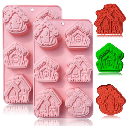 BENEKIY 2 Pack 3D Christmas House Silicone Molds Gingerbread House Soap Moulds Tray 6 Cavity Non-stick Baking Molds for Chocolate Cake Dessert Candy Mousse Pastry Handmade Soap
