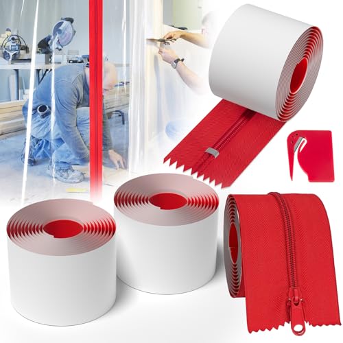 4-Pack Heavy Duty Zipper Door for Dust Barriers Dust Zippers for Plastic Sheeting Construction Plastic Zipper Door with Cutter Construction Double-Sided Self-Adhesive Dusts Zippers(7FT x 3in)