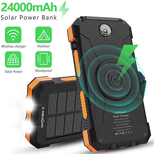 X-DRAGON Powerbank Solaire, 24000mAh Qi Caricabatterie Portatile Wireless Batteria Esterna Con Doppio Ingresso (USB- C & Micro), Doppia Torcia, Bussola pour iOS, Samsung Galaxy, etc