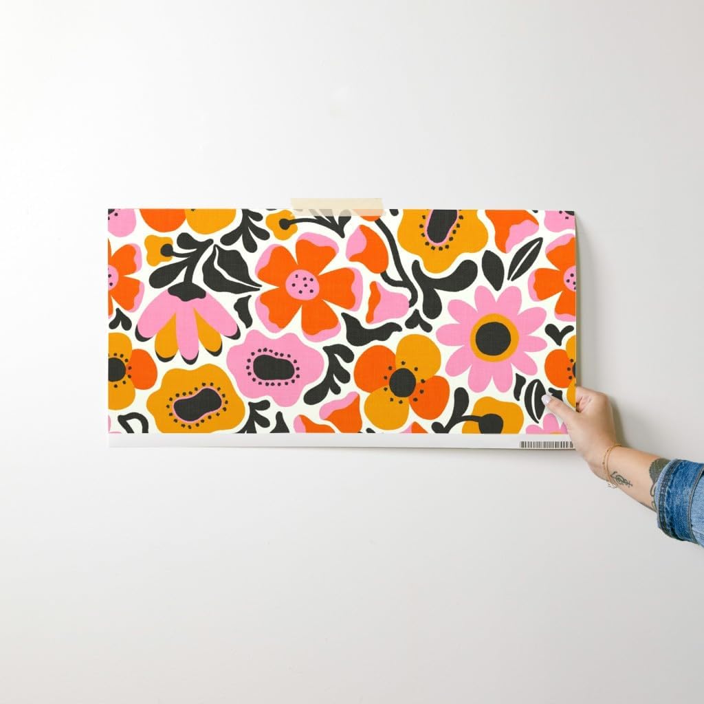 Spoonflower Peel & Stick Wallpaper Swatch - Retro Abstract Poppies Seventies Floral Botanical Flowers Dopamine Dressing MCM Mid Mod Midcentury Custom Removable Wallpaper