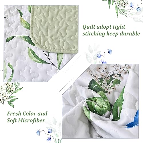 Image of Anibedding Queen Quilt Set, Floral Botanical Bedspread with 2 Pillowcase | Soft Microfiber, 3 Pieces Green Leaves Pattern Bedspread, Floral Branch Bedding Set, All Season, Room Decor, Queen(96 inchx90 inch)