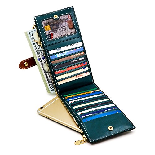 Image of ANDOILT Women's Genuine Leather Wallet RFID Blocking Credit Card Holder Zipper Purse Cell Phone Handbag