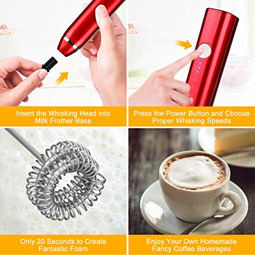 Milk Frother Handheld, Dallfoll Usb Rechargeable Electric Foam Maker For Coffee, 3 Speeds Mini Milk Foamer Drink Mixer With 2 Whisks For Bulletproof Coffee Keto Frappe Latte Cappuccino (Red) #TOP4