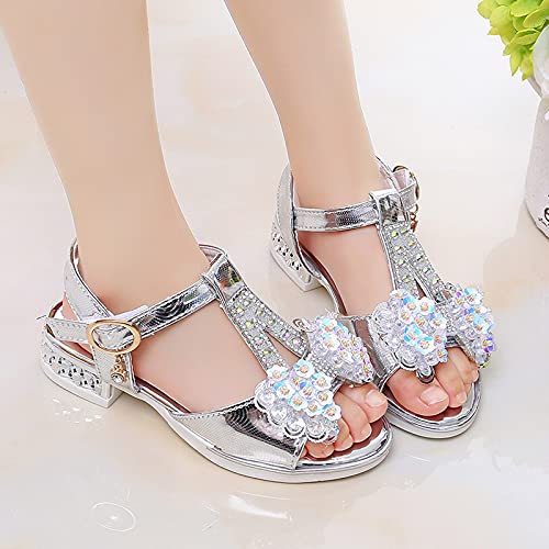 Toddler Girl Sandals Buckle Sandals Sequins Bow Girls Beach Baby Strap Breathable Soft Kids Shoes Girl's shoes (Silver, 32)3