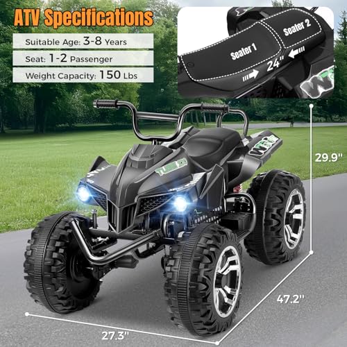 Image of Hikole XL 24V ATV, 4 Wheelers for Kids Ages 6-14, 2 Seater, Black | Iron Frame, 4x100w Power Wheels, 24''Spacious Seat, Spring Suspension, Music, LED Lights