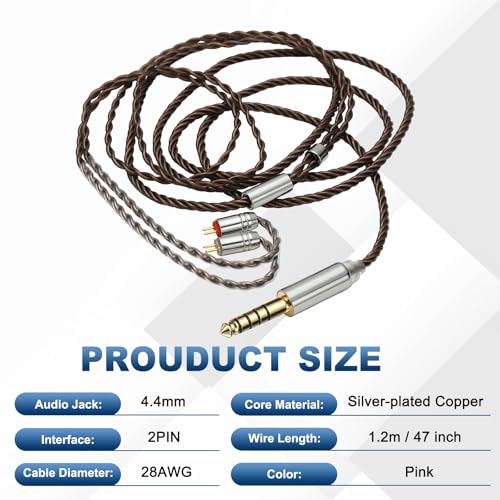 PATIKIL IEM Earphone Cable 1.2M Long, 28AWG 4-Cores High Purity HiFi in Ear Cable Silver-Plated Extension Wires for Replacement Ananda Arya HE400SE, Black Brown (4.4mm, 2PIN)