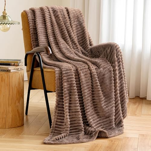 MIULEE Fleece Throw Blanket for Couch with Stripe Pattern Fuzzy Soft Brown Blanket Fluffy Cozy Plush Warm Bed Blanket for Sofa Chair Bed Boho Decor Twin Size 60"x80"