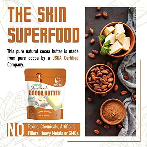 Naturise Cocoa Butter Raw Organic | Unrefined Cocoa Butter From Peru For Hair & Skin Moisturizer Or Diy Cocoa Butter Lip Balm & Body Butter For Women | Organic No Artificial Fillers Or Gmos | 1Lb #TOP3
