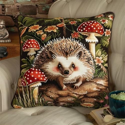 Latch Hook Cushion Kits for Adults Hedgehog Red Mushroom Rug Cover Pillowcase Kids Beginner DIY Needlework Embroidery Kits Handmade Set Craft Sofa Home Decor 43x43cm,1pcs