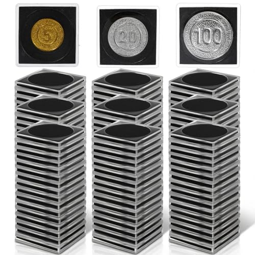 AOZUO 100 Pcs Acrylic Coin Collection Cases with 8 Sizes Adjustable Black Gaskets, 17.5mm-40mm Coin Capsules Coin Snap Holders Silver Dollar Protection Cases for Coin Collection Supplies