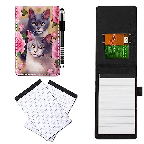 CGFGHHUY PU Leather Small Pocket Notebook Cover & Metal Ballpoint Pen and 2 Pack 3x5 inch Note Pads Refills Pink Rose Flower Cat Pattern Notebooks Cover for Meeting, Daily Records, Notes