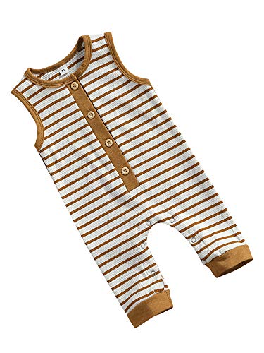 Infant Toddler Baby Girl Romper Sleeveless Stripe Bodysuit One Piece Jumpsuit Onesie Spring Summer Clothes Outfit (Khaki, 12-18 Months) #TOP3