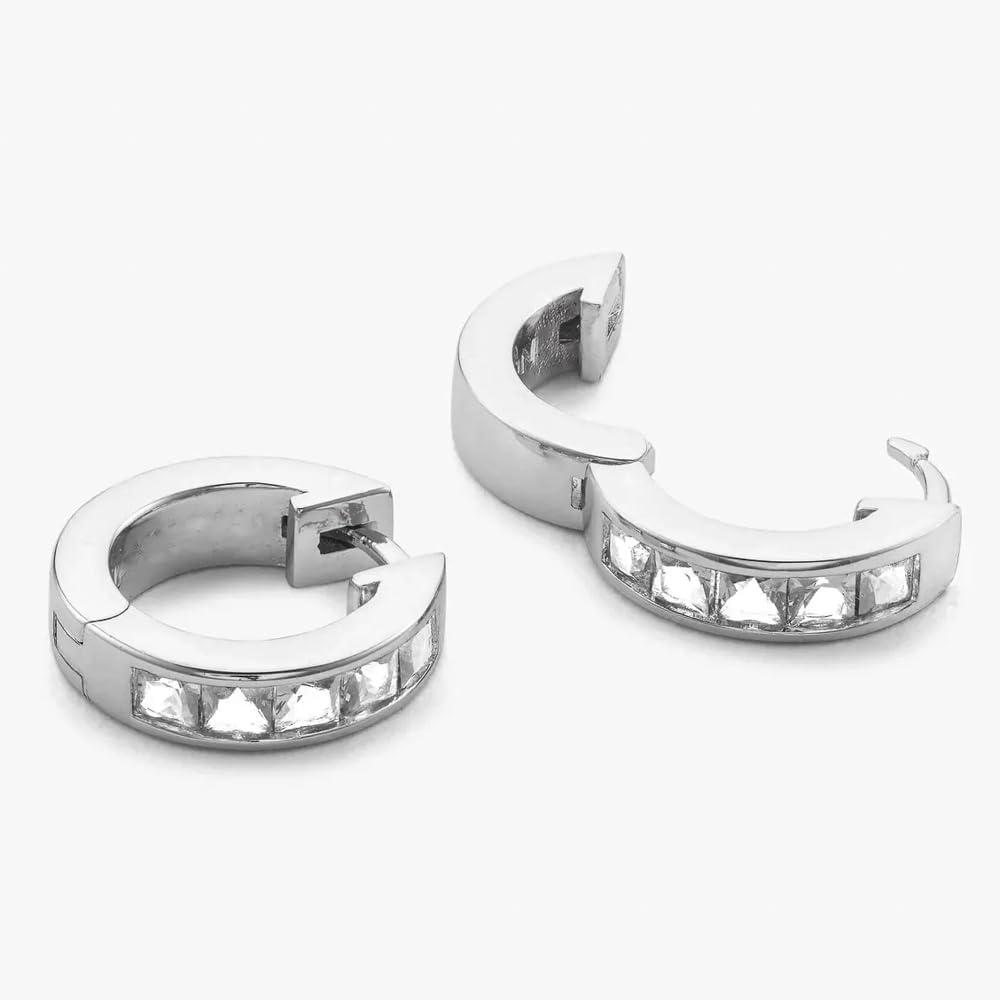 White Gold Plated 925 Sterling Silver Square Princess Cut Iced 5A Cz Trendy Classic Unisex 14mm Hoops Hypoallergenic Huggie Hoop Earrings For Men Women - Image 2