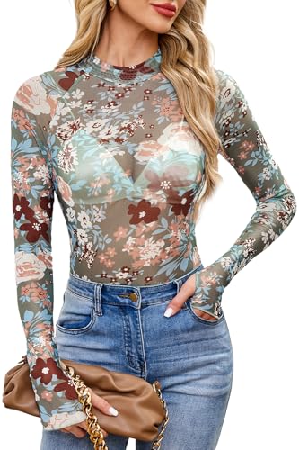 Image of AIEOE Mesh Long Sleeve Tops for Women Pullover Round Neckline Ink Green Background Floral Pattern Top S