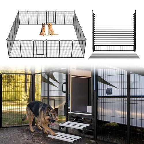 Image of FXW Instant Dog Playpen with RV Step Grid for RV Camping, 45 inch H, 24 Panels | Quick-Setup & Heavy-Duty Play Yard, Helps Close Stair Gaps, Fits 32 inch RV Step Opening, For Large Dogs, Patented