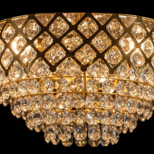 Image of DREAMY DESIGNS Round Shape 300MM Golden Color S4 Diamond Cut White Crystal Standard Celling Pendant Lamp with 4 E14 Bulb Inluded Gold Light Chandelier for Bedroom (30 * 70 CM)