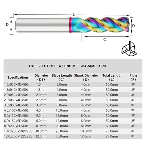 Image of Carbide Square End Mill HRC60 Double Edge 3 Flute TiAiN Coating Tungsten Steel Color-Ring for Aluminum Wood Endmills
