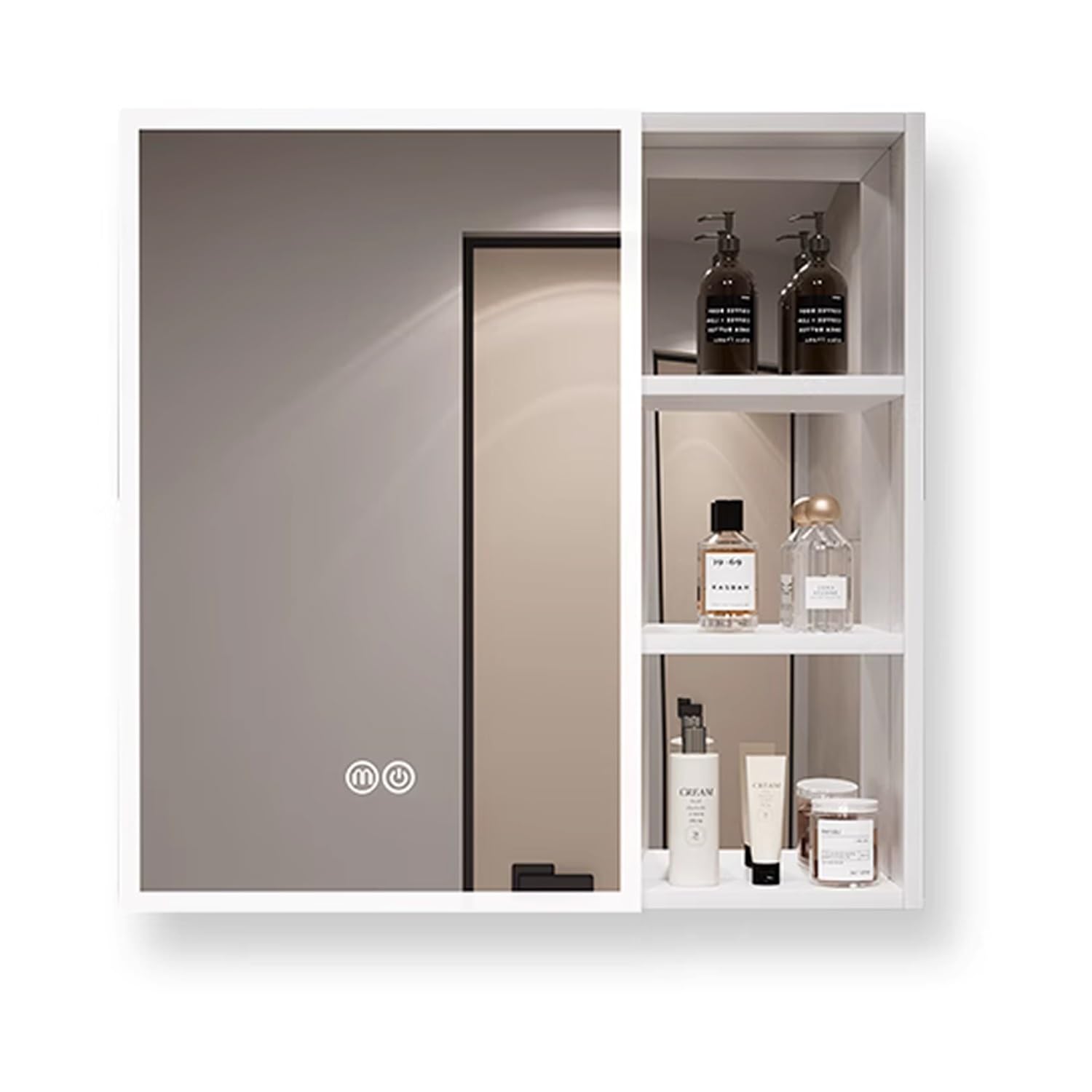100 cm großer Spiegelschrank mit LED-Beleuchtung, beschlagfrei, wandmontierter Badezimmer-Spiegelschrank mit offener Aufbewahrung, Einzeltür-Medizinschrank, Aluminium (Farbe: A, Größe 8)