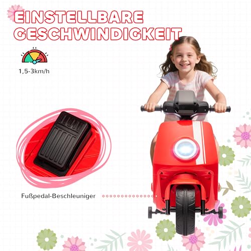 AIYAPLAY Kinder Elektro-Motorrad, 6V Kindermotorrad mit Scheinwerfer, Musik, Vor- und Rückwärtsgang, Trainingsräder, 1,5-3 km/h, Elektromotorrad für 1,5-3 Jahre Kinder, Rot – Bild 7