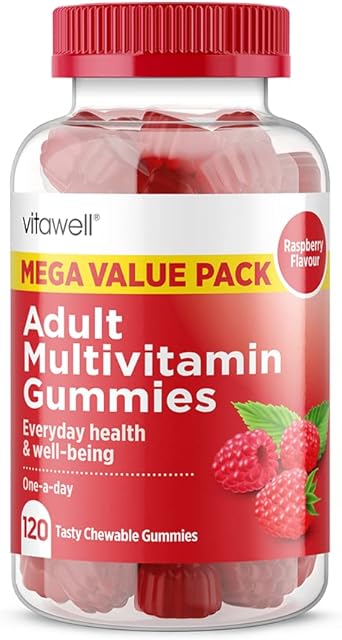 Vitawell Adult Multivitamin Gummies | 120 Raspberry Flavour Gummies | Mega Pack | 4 Months Supply | One a Day Chewable Adult Multivitamins | 10 Essential Adult Vitamins | by Vitawell