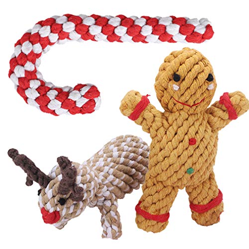 KOOLTAIL Christmas Dog Rope Toys - 3 Pack Cotton Chew Toy Teething Cleaning and Training Interactive Playing Gingerbread Man Reindeer Christmas Crutches for Small Medium Large Dogs Puppies Gifts