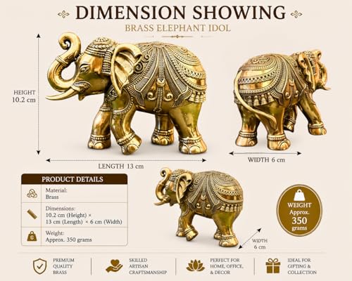 Image of Brass Elephant Statue for Home Decor, Good Luck, Vastu, Feng Shui, Office & Gift - Handmade Decorative Elephant Figurine for Wealth & Prosperity (4 Inch)