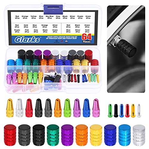 Glarks 64Pcs Bicycle Tire Valve Stem and Cable End Cap Assortment Kit - 3 Styles Aluminium Universal Valve Cover for Bike Tire Dust Protection