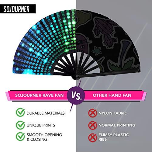 SoJourner Bags Rainbow Fan - Rave Fan - Large Folding Fan for Raves, Halloween, Burlesque, Drag Queen, Festival Outfits for Women & Festival Accessories - Clack Fan Hand Fan (Bright Lights) - Thumbnail 3