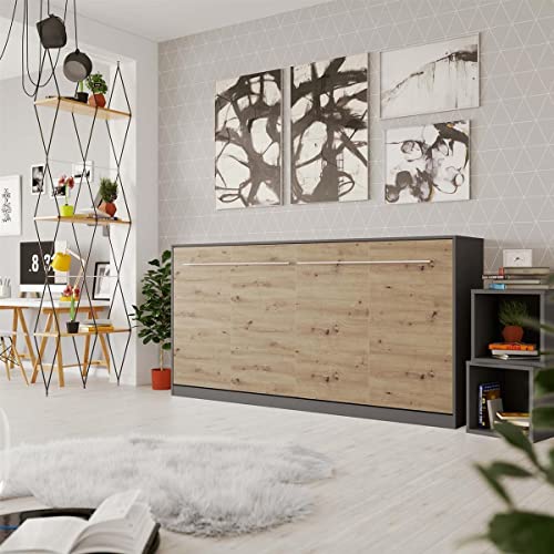 SMARTBett Standardowy, 90 x 200 cm, Poziomy, Antracytowy/Biały Dąb, Łóżko Murphy, Łóżko Składane, Łóżko Szafkowe