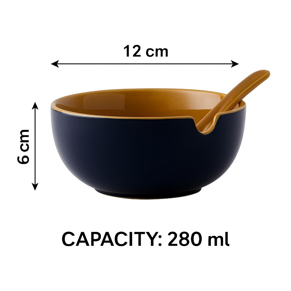 KITTENS Ceramic Soup Bowl & Spoon Set of 4 - Blue & Mustard Hand‑Painted 280 ml | Microwave & Dishwasher Safe | BPA‑Free | Ideal for Soup, Curry, Salad & Gifting 3